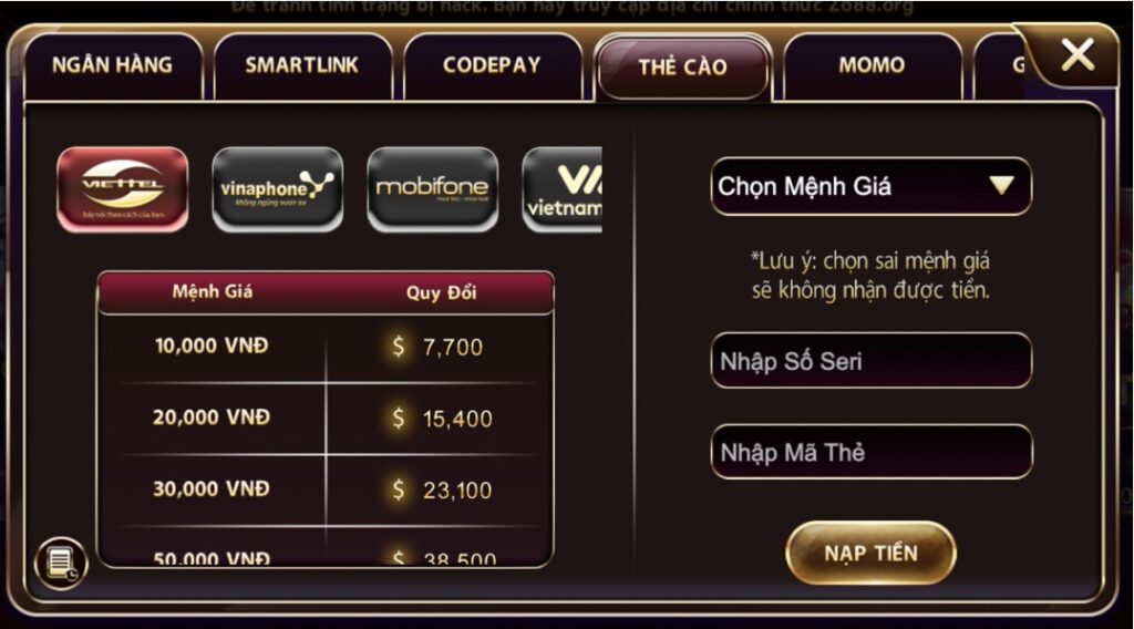 Nạp thẻ cào tại Zowin